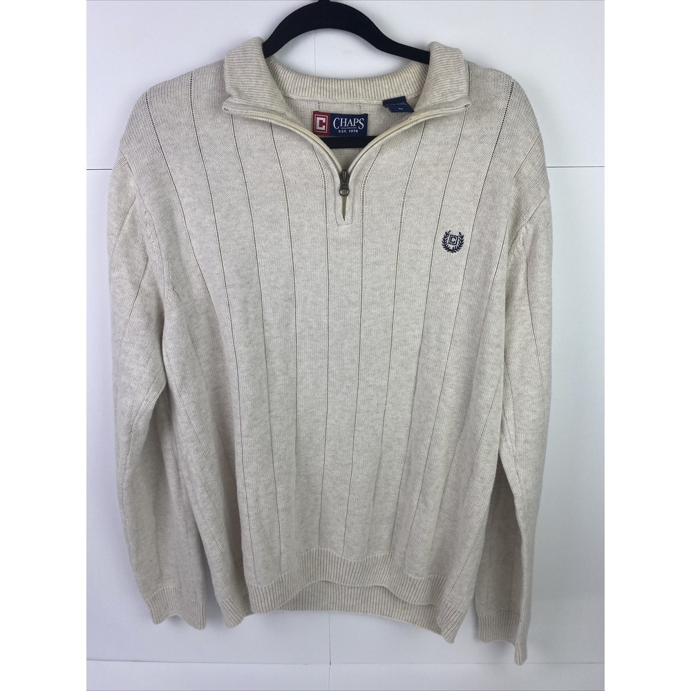 CHAPS Ralph Lauren Men's‎ Medium 100% Cotton Beige Neutral Zip Up Cardigan